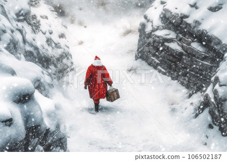 Santa Claus is walking on a snow-covered path. View from above Santa Claus is walking on a snow-covered path. View from above 106502187