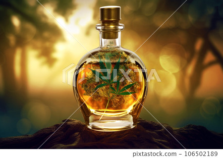 A small glass bottle with hemp oil with a stopper on a natural backdrop A small glass bottle with hemp oil with a stopper on a natural backdrop 106502189