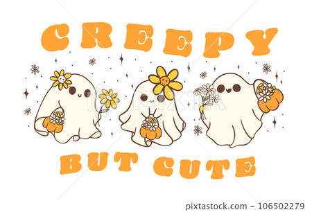 Cute Halloween ghosts with daisy flower, kawaii Retro floral spooky, creepy but cute, cartoon doodle outline drawing illustration idea for greeting card, t shirt design and crafts. 106502279