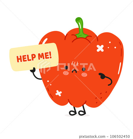 Sick Red bell pepper asks for help character. Vector hand drawn cartoon kawaii character illustration icon. Isolated on white background. Suffering unhealthy Red bell pepper character concept Sick Red bell pepper asks for help character. Vector hand drawn cartoon kawaii character illustration icon. Isolated on white background. Suffering unhealthy Red bell pepper character concept 106502450