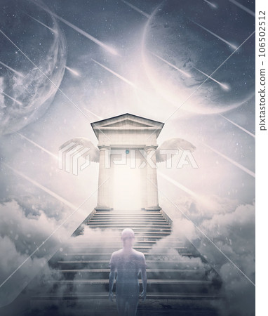 Human soul climbing the stairs to the heaven gates. Astral travel to paradise, surreal and abstract scene with a mysterious door in the clouds 106502512