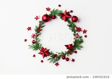 Christmas composition. Christmas wreath on white background. Flat lay, top view, copy space. 106502828