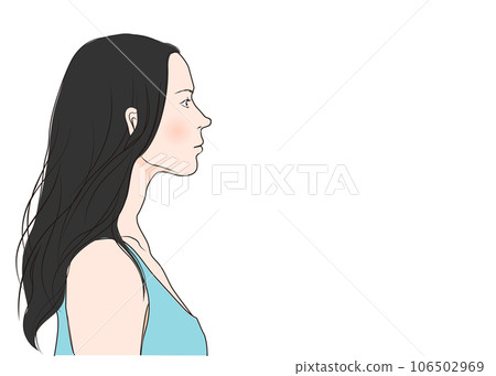 一位有著美麗的長直黑髮的日本女性的側面圖解 上身半身像 臉部特寫 106502969