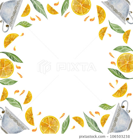 Watercolor hand drawn illustration. Tea porcelain pot cups lemon green leaves. Round wreath frame. Isolated on white background. For invitations, cafe, restaurant food menu, print, website, cards Watercolor hand drawn illustration. Tea porcelain pot cups lemon green leaves. Round wreath frame. Isolated on white background. For invitations, cafe, restaurant food menu, print, website, cards 106503238