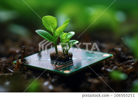 Plant Growing on Circuit Board. Striking Image of the Intersection of Nature and Technology 106503251