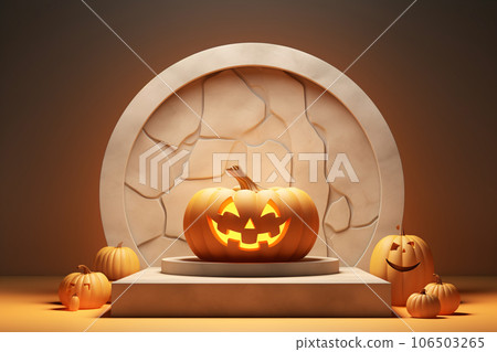 3D Halloween Pumpkin Podium Stand on Orange... - Stock Illustration ...