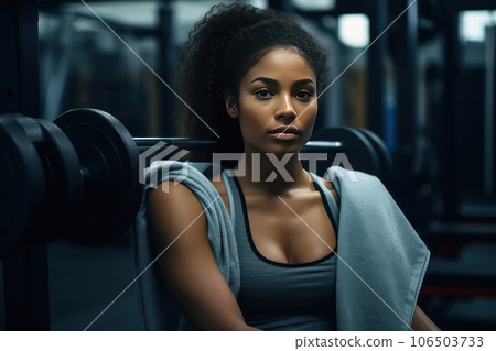 Beautiful young female athlete bodybuilder, sitting in the gym, resting after the crossfit. 106503733