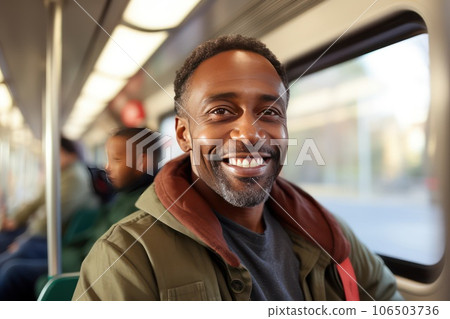 Morning trip by city bus. Smiling Middle aged African American man taking a tram to work. 106503736