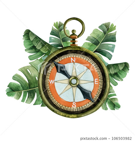 Vintage pocket compass with tropical palm leaves watercolor illustration. Nautical hand drawn navigation instrument illustration isolated on white background Vintage pocket compass with tropical palm leaves watercolor illustration. Nautical hand drawn navigation instrument illustration isolated on white background 106503982