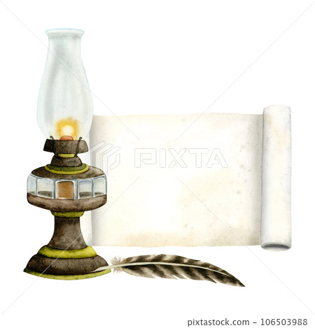 Vintage kerosene lamp with feather pen and paper scroll watercolor illustration isolated on white background for poetry and writing designs 106503988