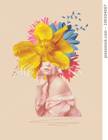 Abstract contemporary art collage portrait of young woman with flowers on face hides her eyes 106504087