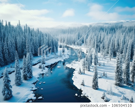 Ai generation. River with Chunks of Frozen Ice Surrounded by Snow and Pine Trees in Cold Winter 106504510