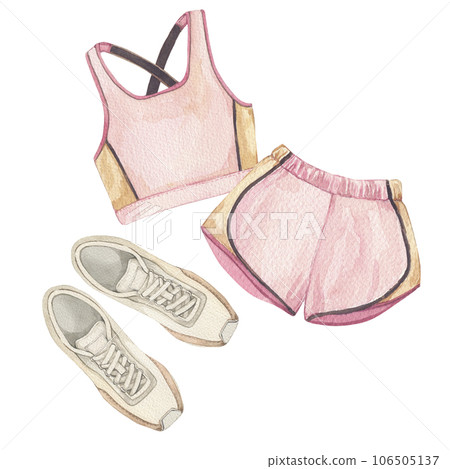 Watercolor illustration of gym, yoga or pilates female set top, shorts and sneakers. Pink and beaige tones clipart with flowers Watercolor illustration of gym, yoga or pilates female set top, shorts and sneakers. Pink and beaige tones clipart with flowers 106505137