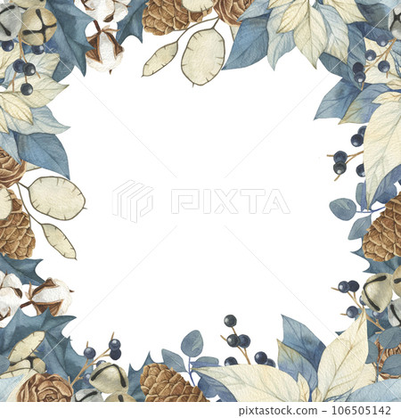 Watercolor Christmas vintage floral frame with blue berries, poinsettia pine cones lunaria holy. Botanical watercolor illustration invitation design Watercolor Christmas vintage floral frame with blue berries, poinsettia pine cones lunaria holy. Botanical watercolor illustration invitation design 106505142