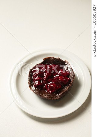 chocolate dessert with lingonberry jam on a white plate 106505927
