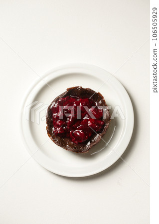 Delicious chocolate dessert with lingonberry jam on a white plate, top view Delicious chocolate dessert with lingonberry jam on a white plate, top view 106505929