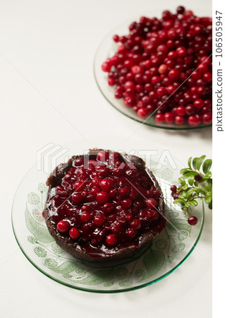 dessert with berry jam and a lingonberry branch on a plate dessert with berry jam and a lingonberry branch on a plate 106505947