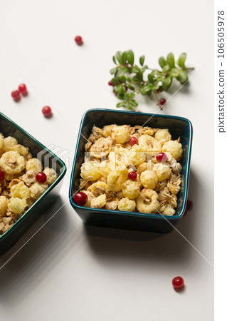 Breakfast with granola and berries in small bowls 106505978