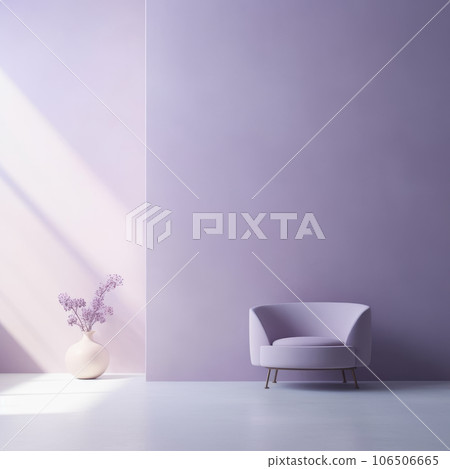 Minimalistic home interior in lavander color. Empty wall and sofa, mock up, design. AI generative, illustration. 106506665
