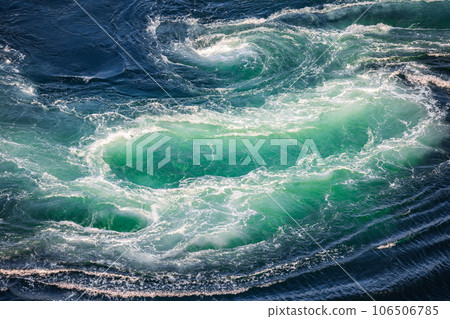 Blue waves of water of the river and the sea meet each other during high tide and low tide. 106506785