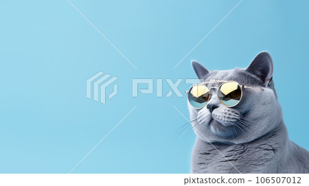 Grey cat with sunglasses. Summer, fashion, pets. Ai generative. Illustration. 106507012