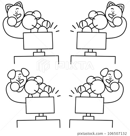 Line drawing set of dog and cat relaxing while watching TV - dog and cat Line drawing set of dog and cat relaxing while watching TV - dog and cat 106507132