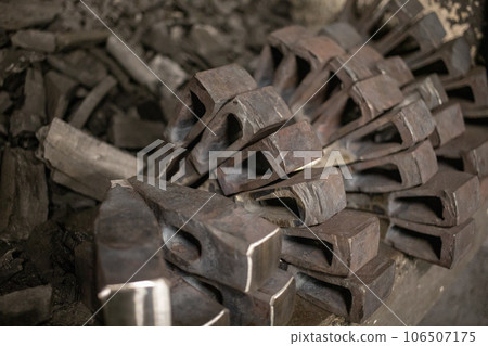 blacksmith tools and metal blanks in privet forge 106507175