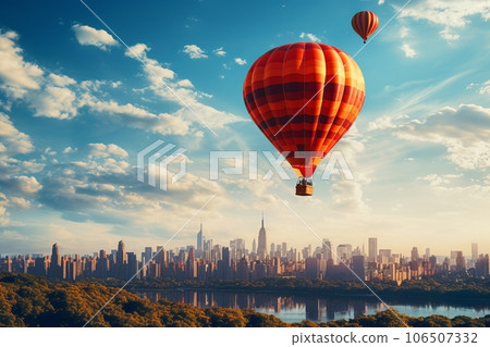 Hot air balloon over a big city. Travel and adventure. generative AI 106507332
