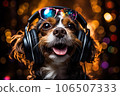 Happy dog in headphones and disco lights. generative AI 106507333