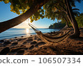 Hammock on the shore of ocean. Relax and vacation. generative AI 106507334