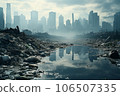 Garbage dump on the outskirts of a big city. Pollution. generative AI 106507335