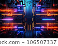 Dark background in tech style with colored fluorescent lights. generative AI 106507337