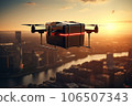A flying drone delivers a package over a big city. generative AI 106507343