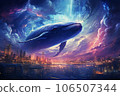 Cosmic fluorescent whale over the night city. Fantasy world. generative AI 106507344