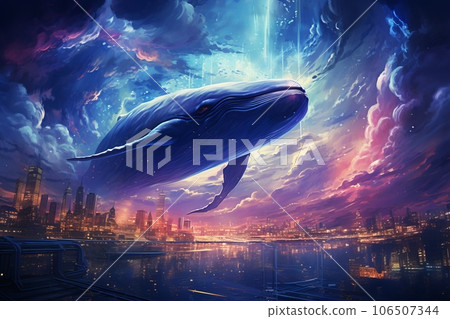 Cosmic fluorescent whale over the night city. Fantasy world. generative AI 106507344