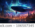 Fantasy whale in the cosmic fluorescent sky over the night city. generative AI 106507345