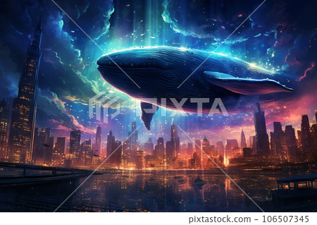 Fantasy whale in the cosmic fluorescent sky over the night city. generative AI 106507345