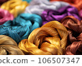 Close-up of a skein of colored fabrics and threads as a background. generative AI 106507347
