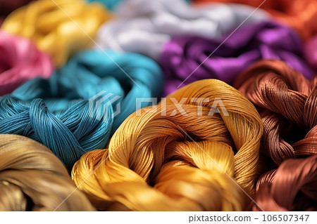 Close-up of a skein of colored fabrics and threads as a background. generative AI 106507347