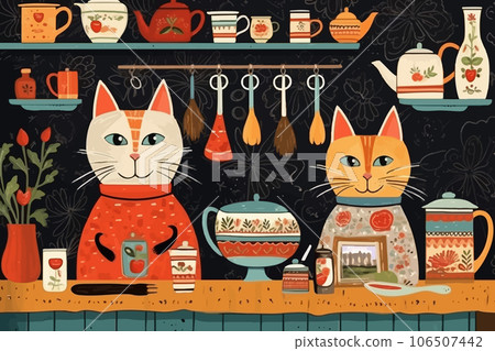 Couple of married cats, wearing clothes, in a family portrait at home. 2 animals in a cozy decorated kitchen Couple of married cats, wearing clothes, in a family portrait at home. 2 animals in a cozy decorated kitchen 106507442