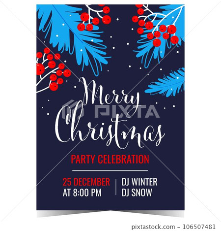 Merry Christmas party poster design decorated with Christmas tree branches and crimson berries. Christmas party invitation flyer or banner to celebrate winter holidays in festive family ambience. 106507481