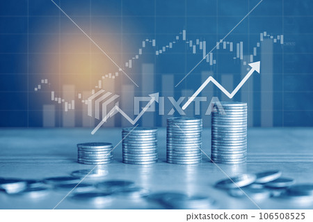 Stack of golden money coin with trading graph and up arrow. Financial investment concept use for background. Stack of golden money coin with trading graph and up arrow. Financial investment concept use for background. 106508525