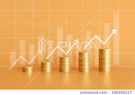 Stack of money coin on wood office desk and yellow background with graph, chart and up arrow. Business and financial background concept. Stack of money coin on wood office desk and yellow background with graph, chart and up arrow. Business and financial background concept. 106508527