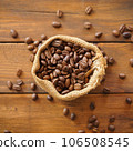 Top view of roasted coffee beans full in burlap sack on wood desk background 106508545