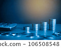 Stack of money coin and calculator with copy space. Business and finance background with blue filter. 106508548