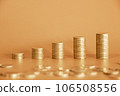 Stack of golden money coin with orange background. Business and financial background concept. 106508556