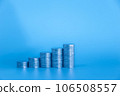 Stack of money coin on blue background with copy space. Business and finance background with blue color filter.  106508557