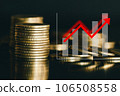 Stack of golden money coin with graph and red up arrow on black background. Business and financial concept.  106508558