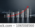 Stack of money coin on black background with graph and up arrow. Business and finance background concept. 106508560