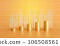 Stack of golden money coin on wood office desk and yellow background with graph and chart. Business and financial background concept. 106508561